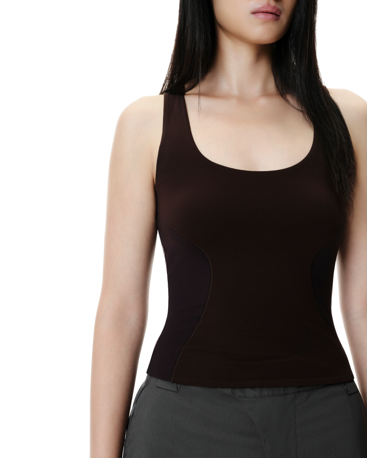Ambr Contour Tank in Dark Brown, detail view on model