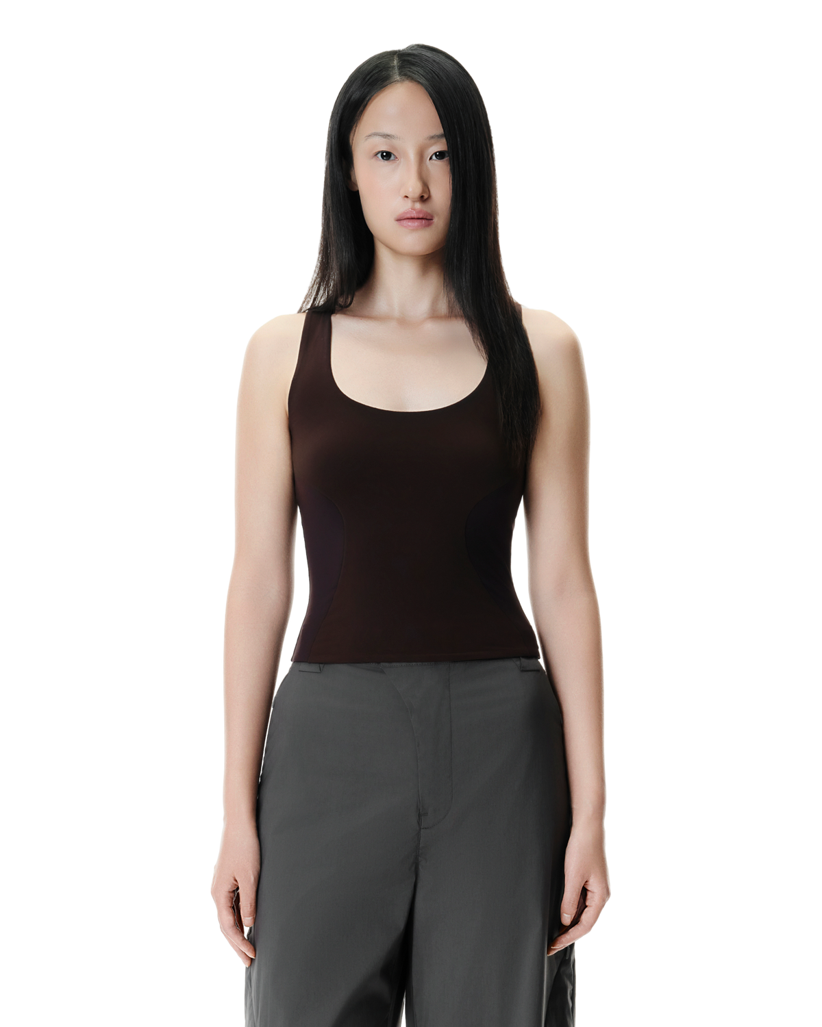Ambr Contour Tank in Dark Brown, front view on model