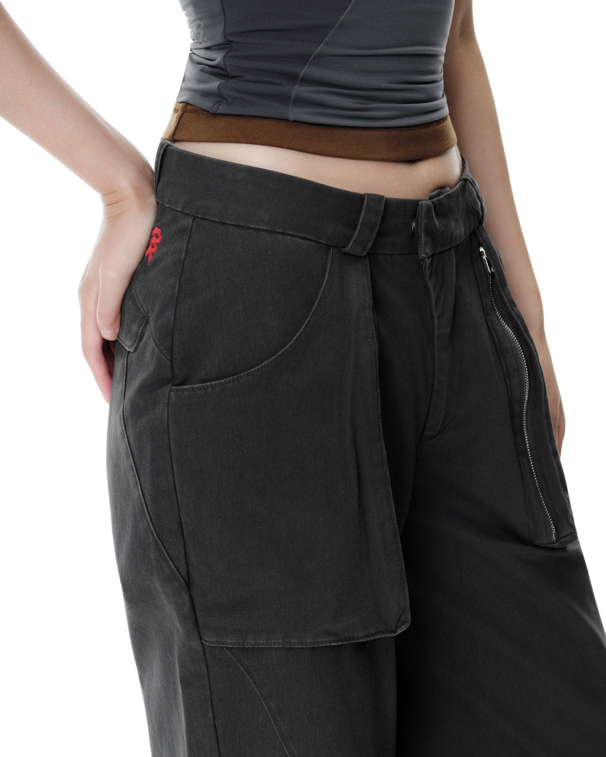 Aris Cargo Pants in Grey, detail view on model