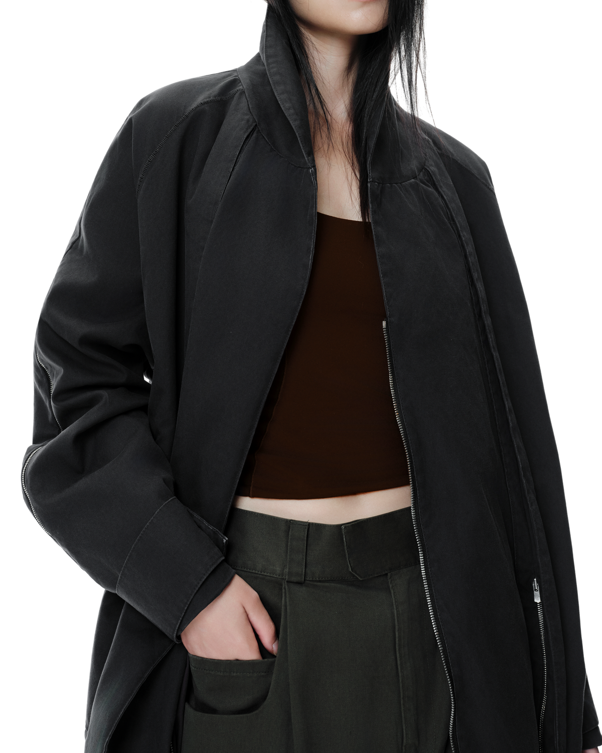 Arka Cargo Trench Coat in Grey, detail view on model