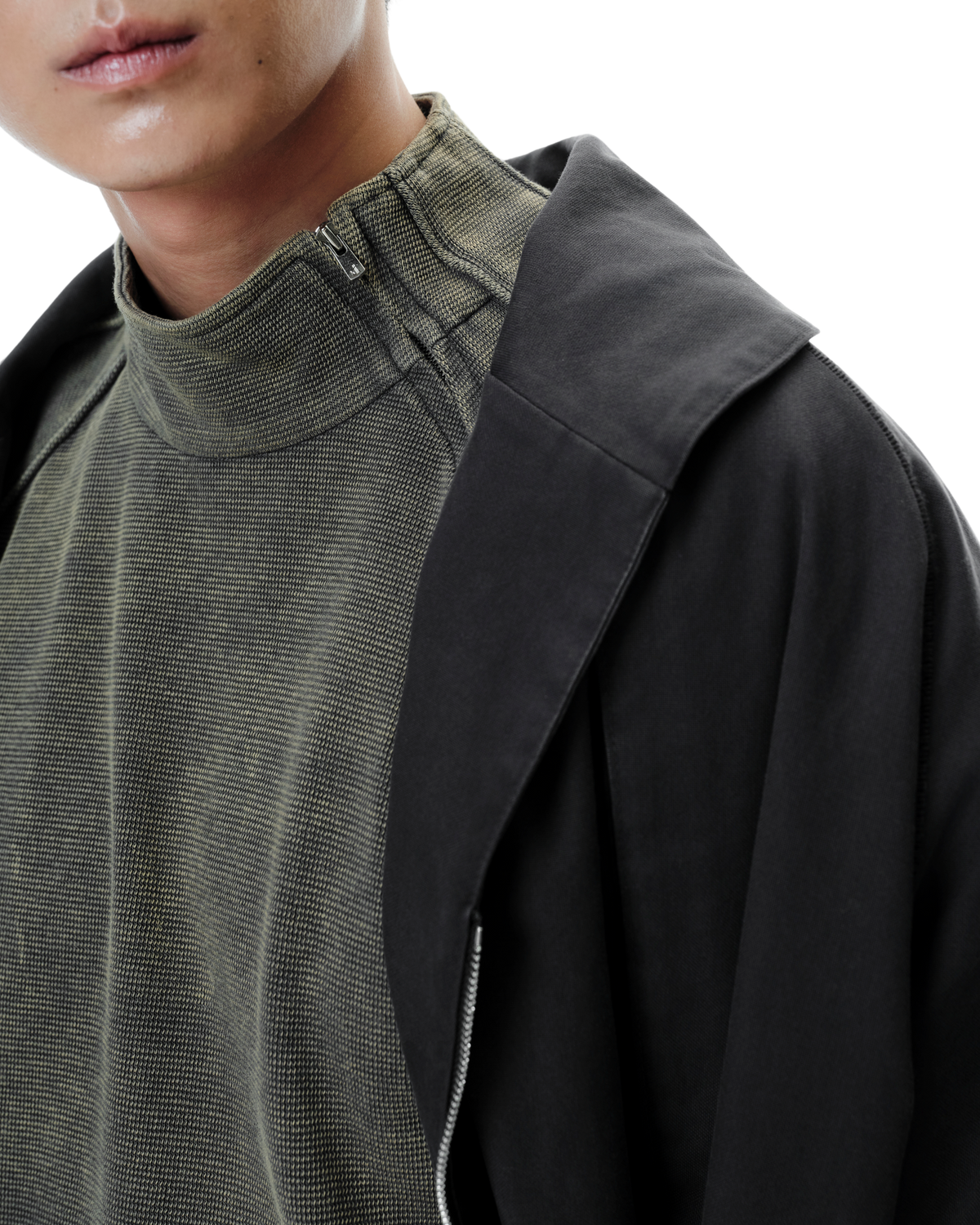 Arka Cargo Trench Coat in Grey, detail view on model