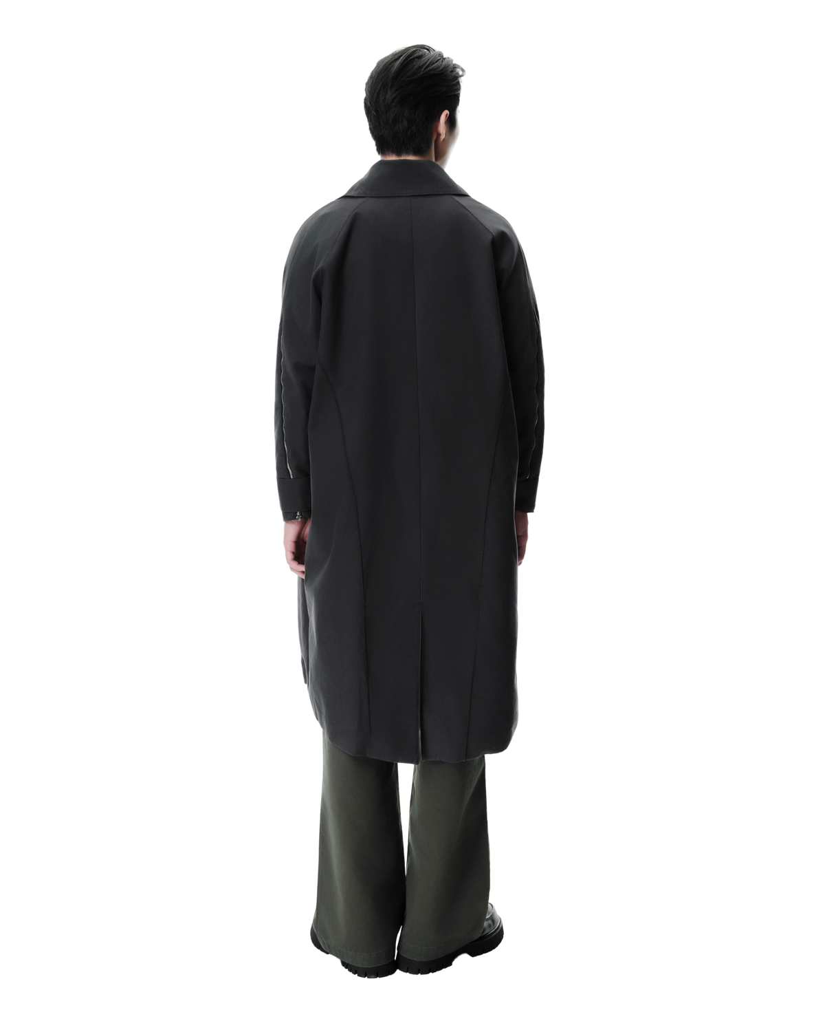 Arka Cargo Trench Coat in Grey, back view on model