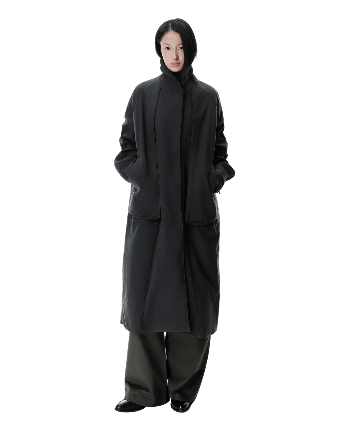Arka Cargo Trench Coat in Grey, front view on model