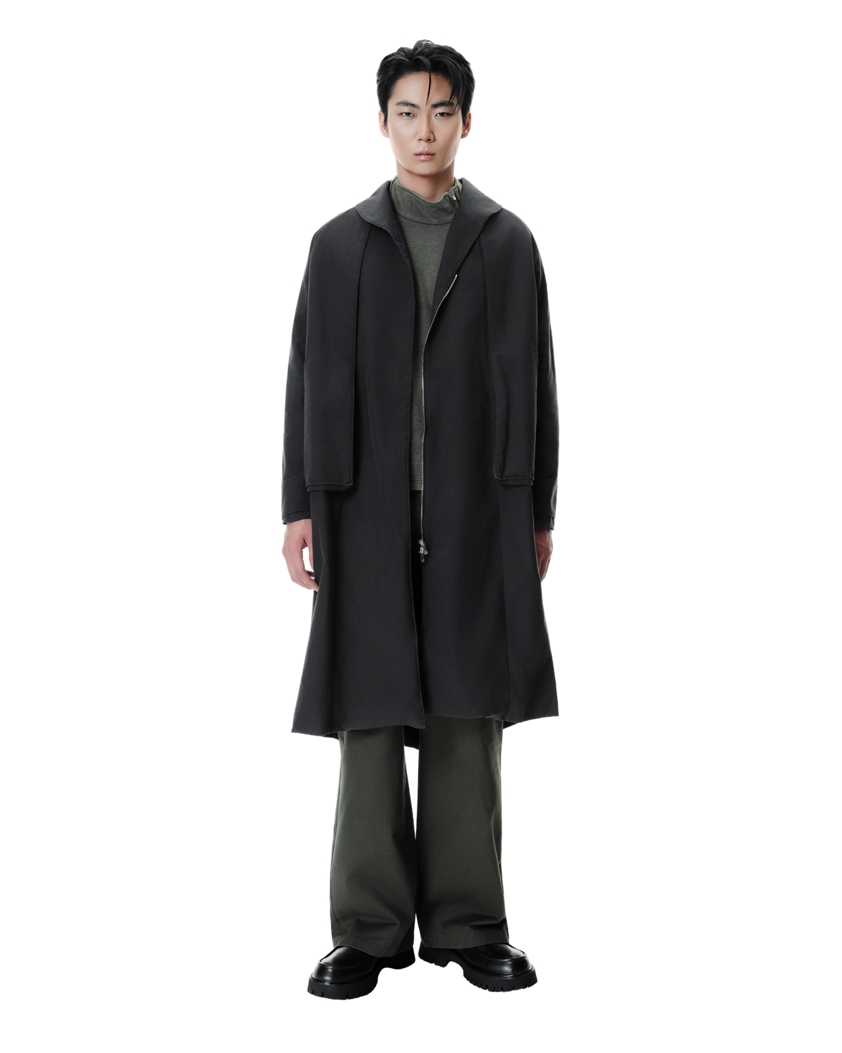 Arka Cargo Trench Coat in Grey, front view on model