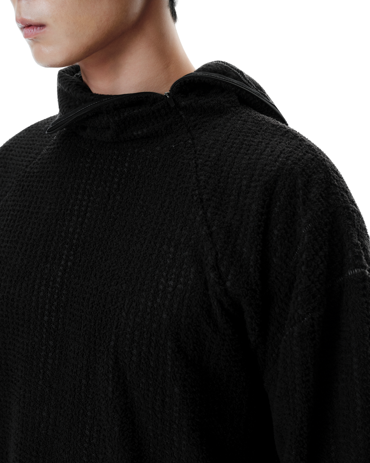 Kyne THERMOLITE® Balaclava Fleece in Black, detail view on model