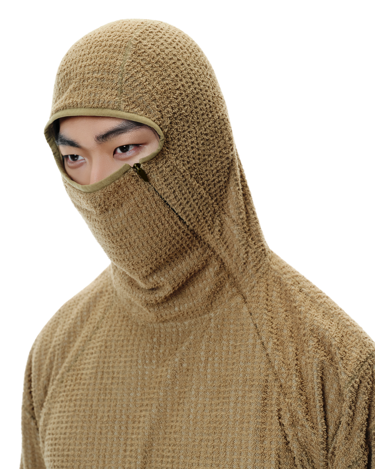 Kyne THERMOLITE® Balaclava Fleece in Camel Khaki, detail view on model
