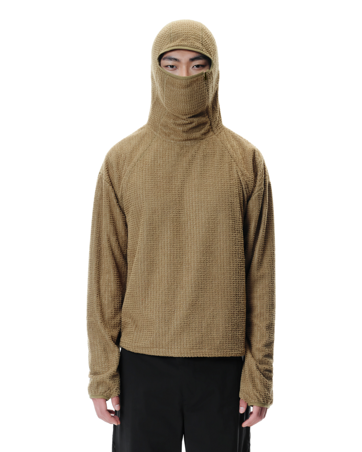 Kyne THERMOLITE® Balaclava Fleece in Camel Khaki, front view on model