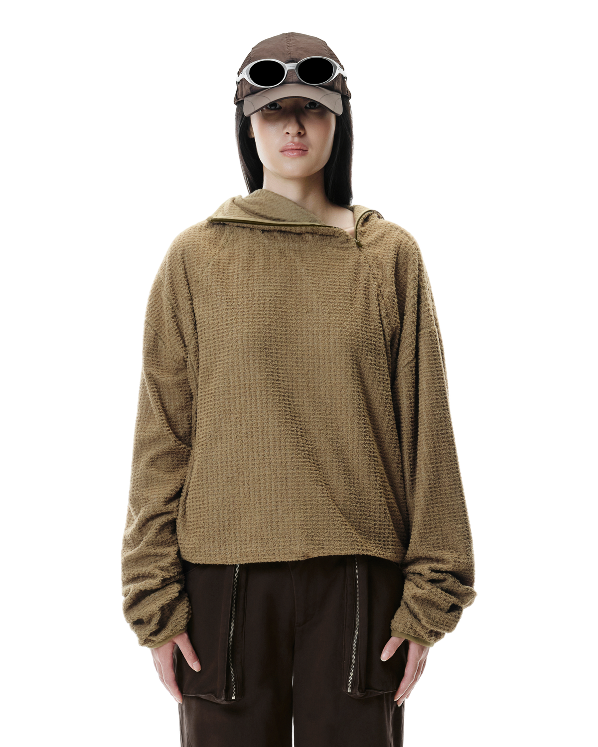 Kyne THERMOLITE® Balaclava Fleece in Camel Khaki, front view on model