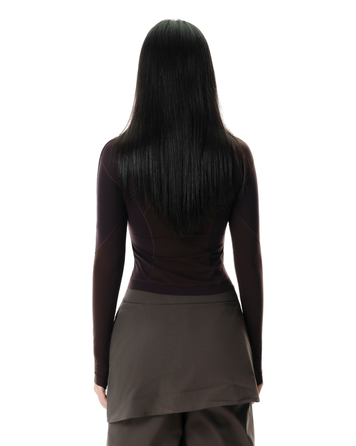 Mora Active Top in Dark Brown, back view on model