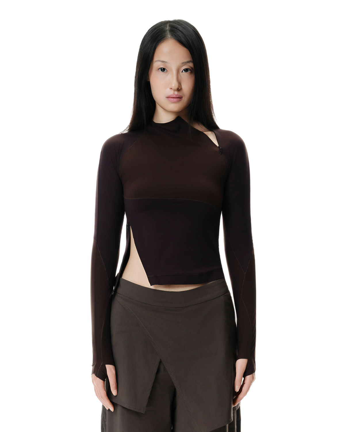 Mora Active Top in Dark Brown, front view on model