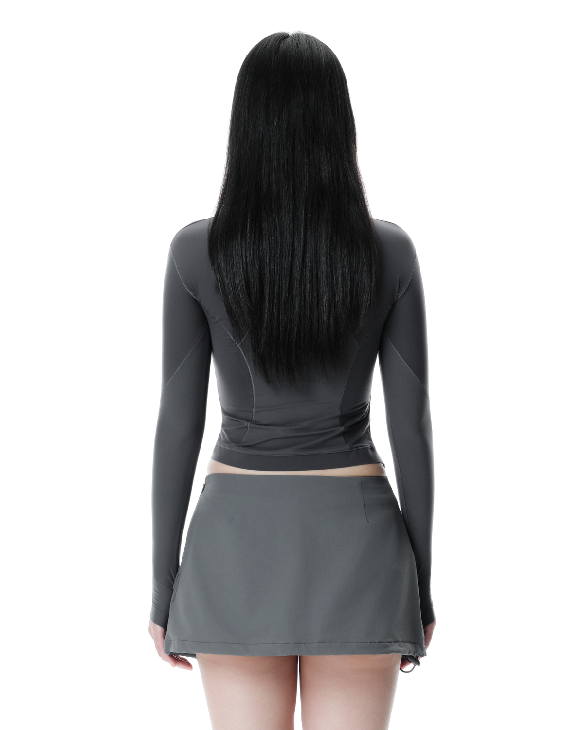 Mora Active Top in Grey Blue, back view on model