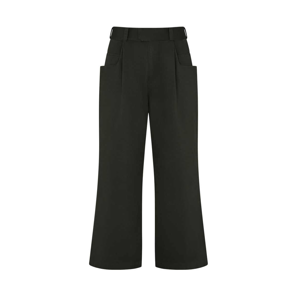 Ryg Pleated Trousers in Washed Olive Khaki, flat lay, back
