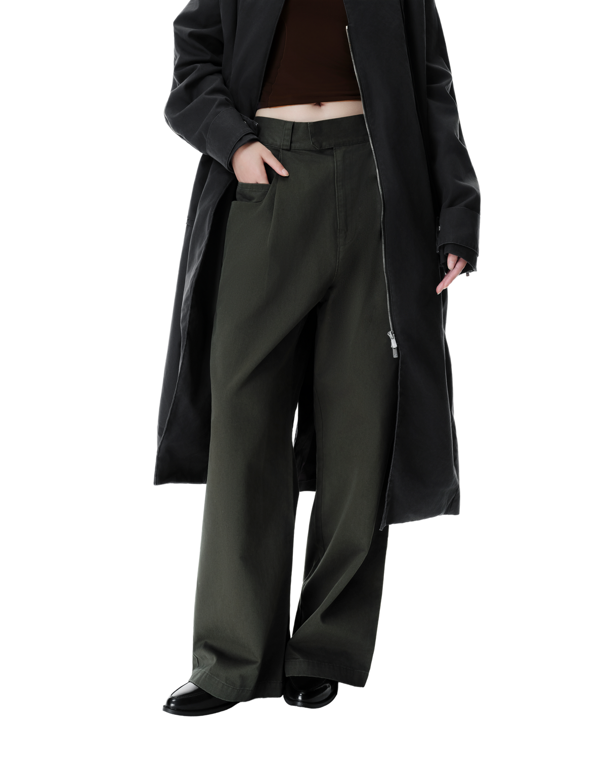 Ryg Pleated Trousers in Washed Olive Khaki, front view on model
