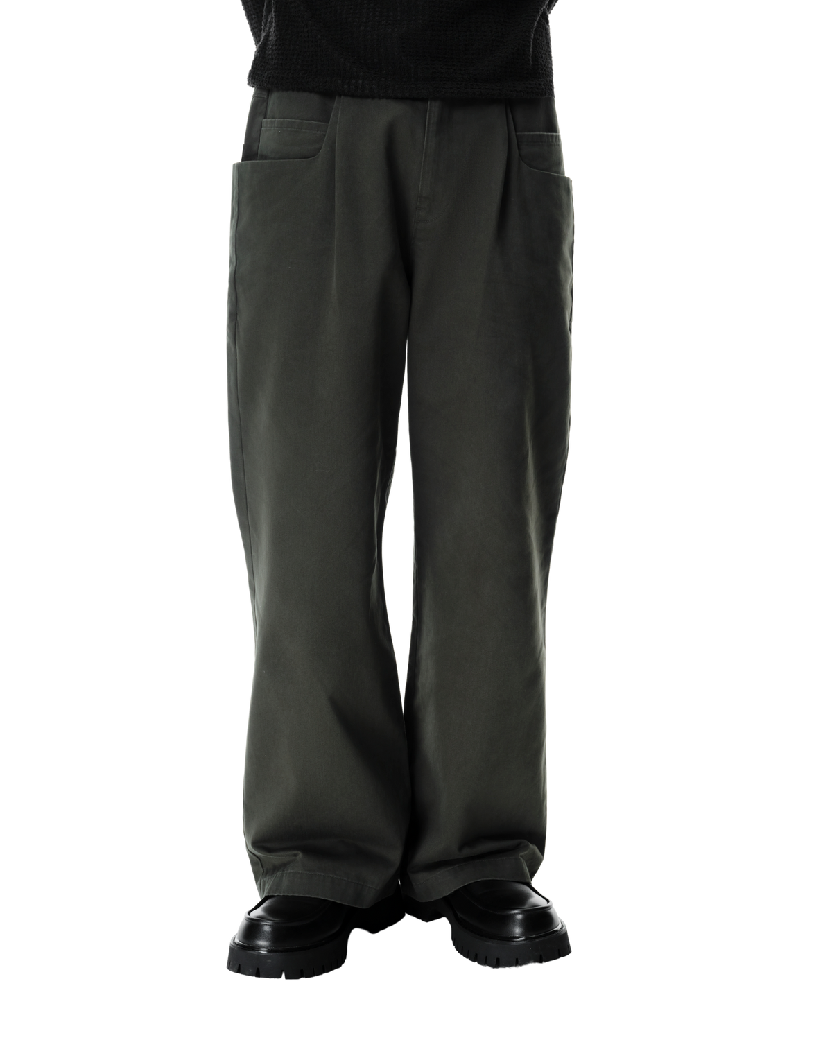 Ryg Pleated Trousers in Washed Olive Khaki, front view on model