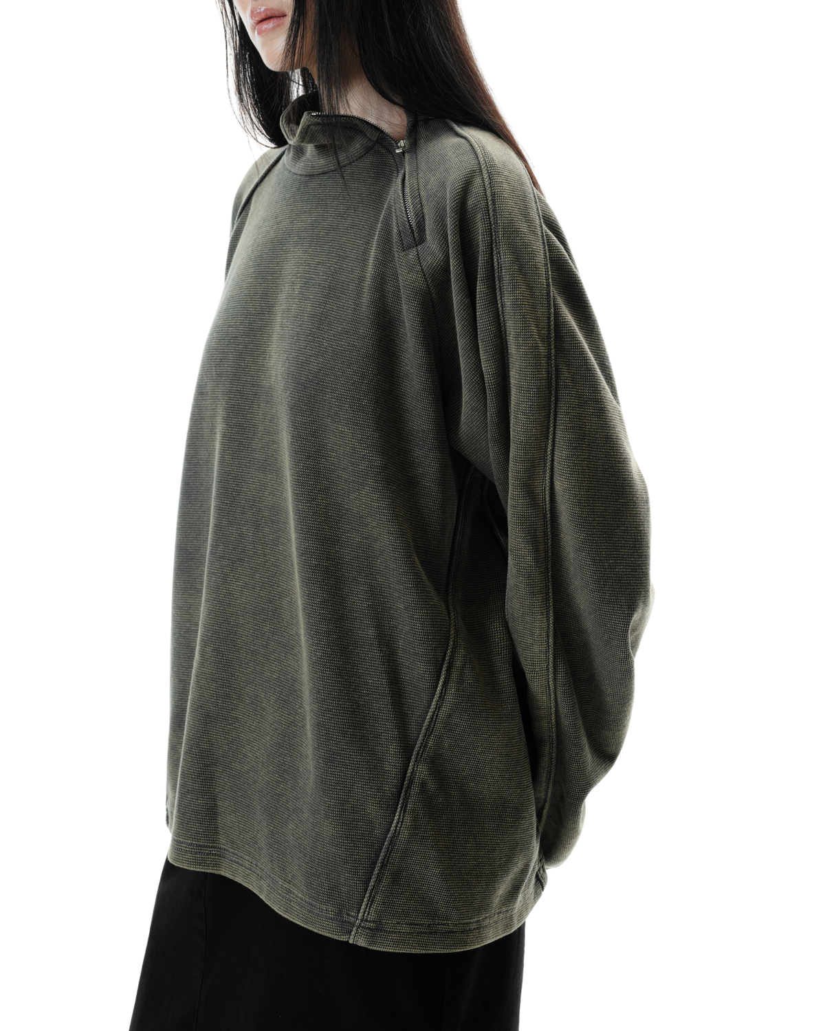 Talus Half-Zip Pullover in Washed Grey, detail view on model