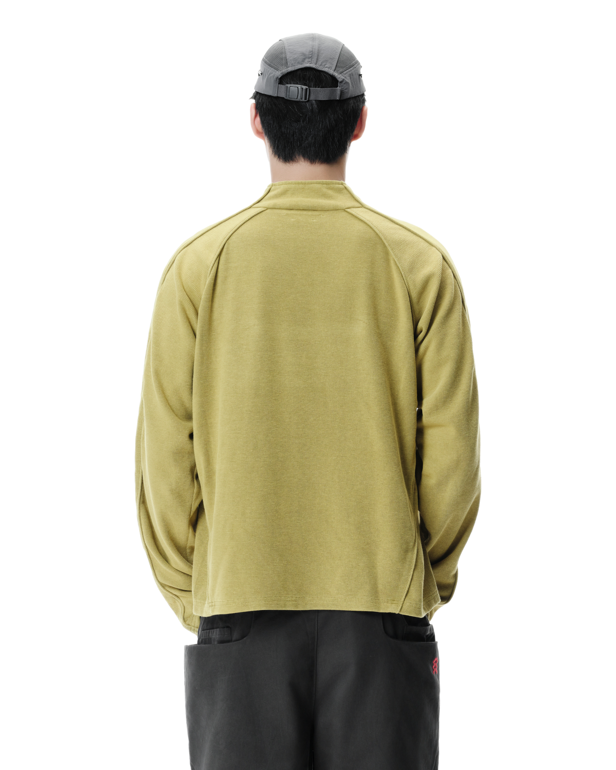 Talus Half-Zip Pullover in Lichen Yellow, back view on model