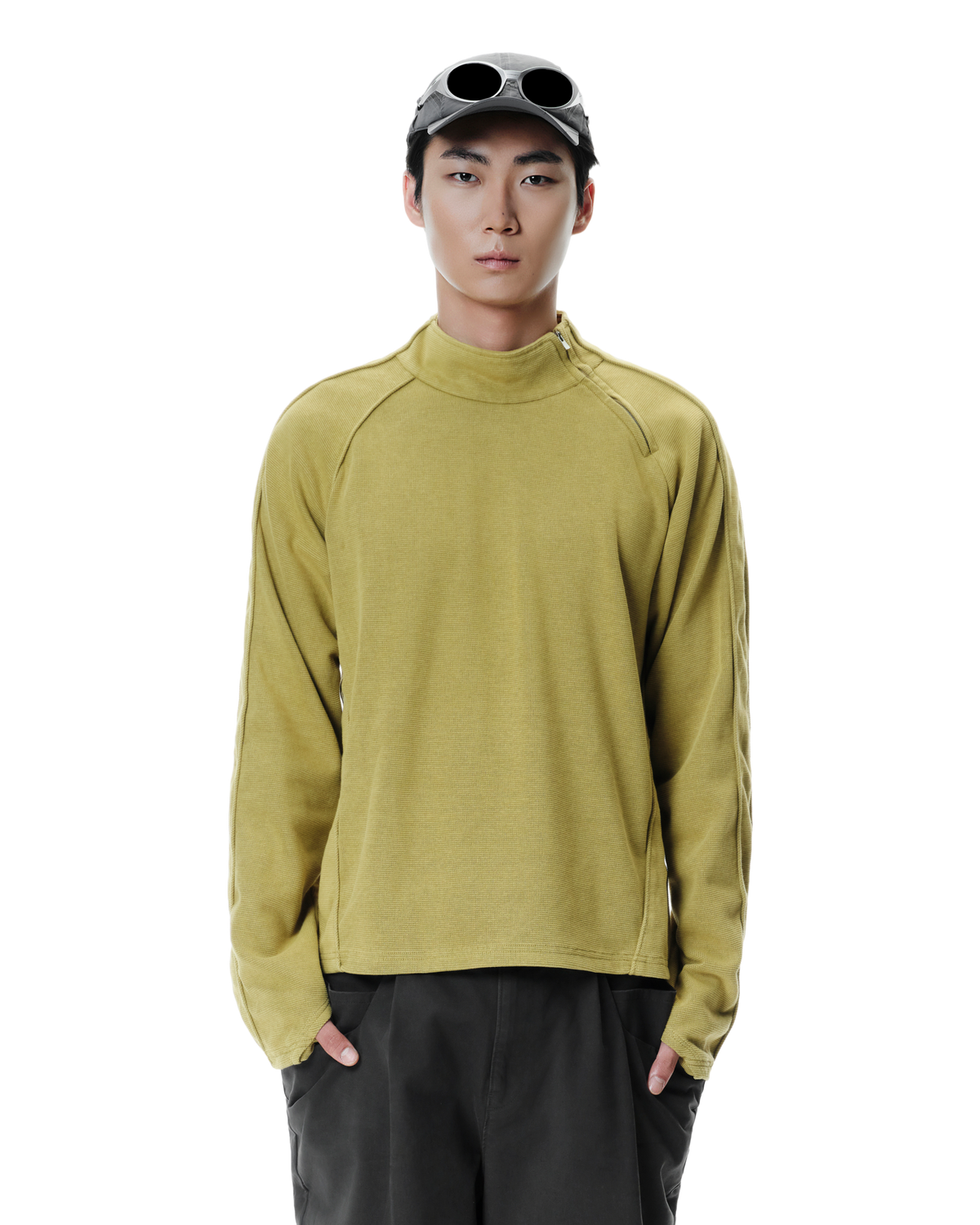 Talus Half-Zip Pullover in Lichen Yellow, front view on model