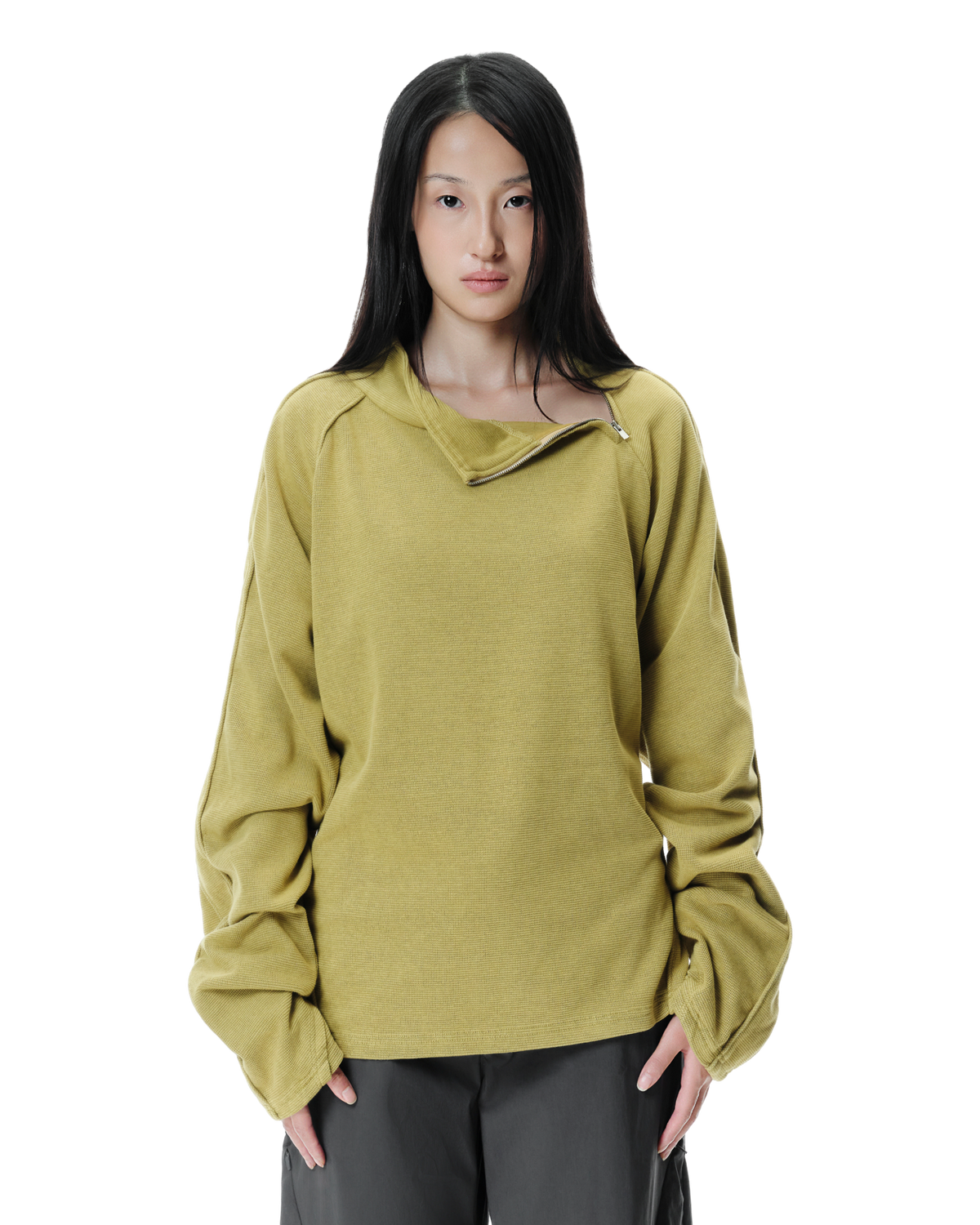 Talus Half-Zip Pullover in Lichen Yellow, front view on model