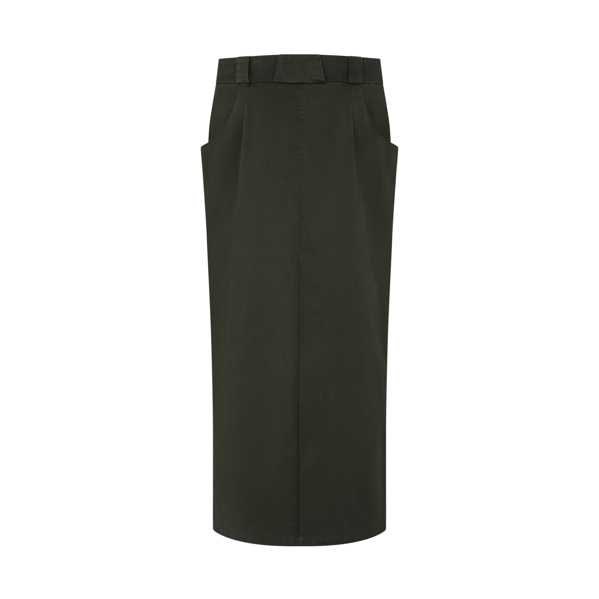 Vea Column Skirt in Washed Olive Khaki, flat lay, back