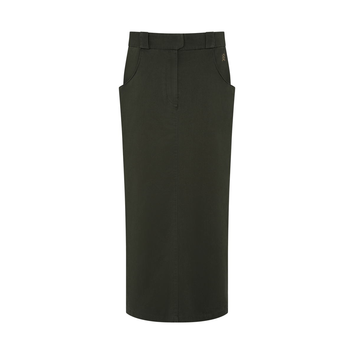 Vea Column Skirt in Washed Olive Khaki, flat lay, front