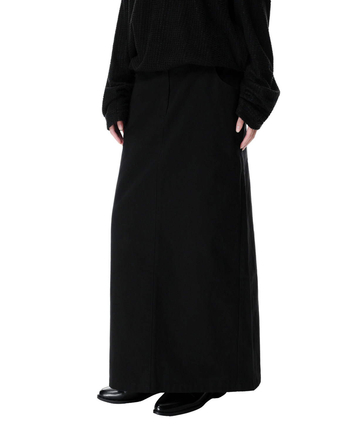 Vea Column Skirt in Black, front view on model