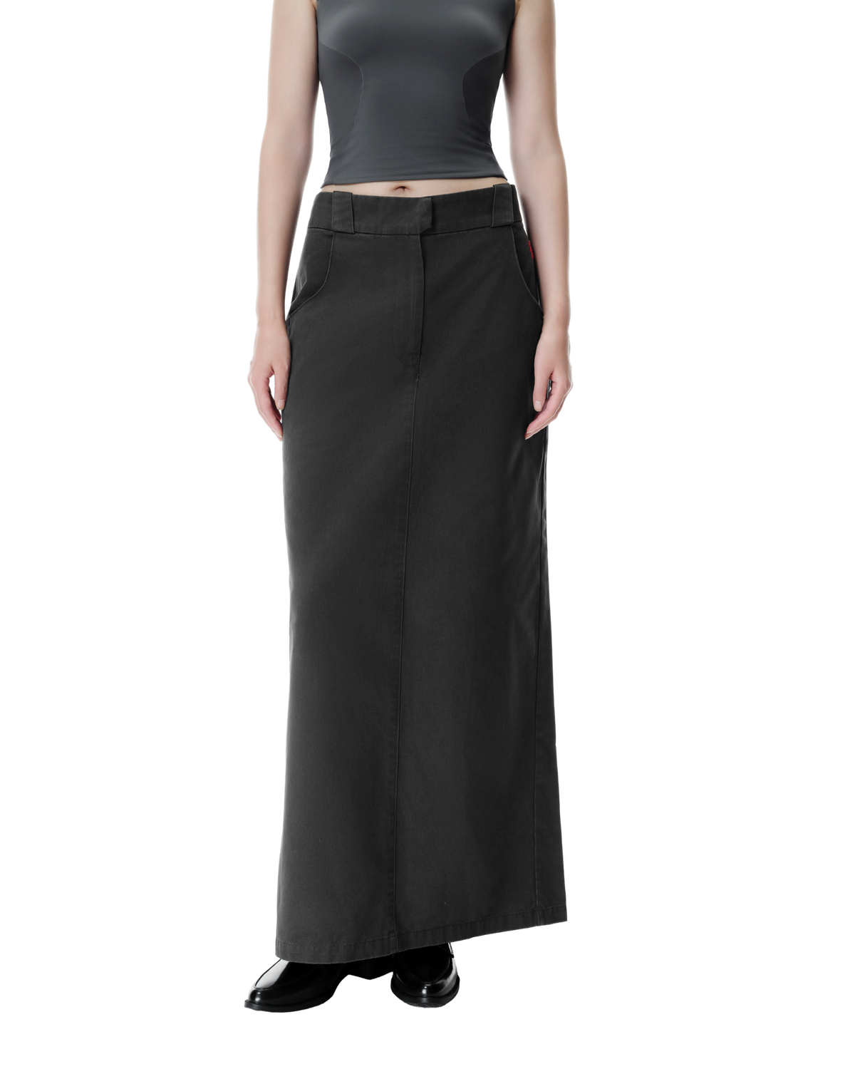 Vea Column Skirt in Washed Grey, front view on model