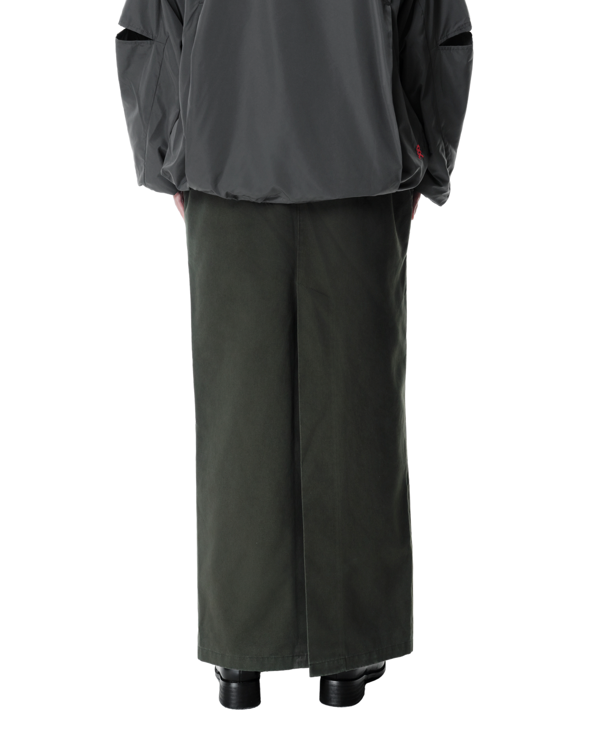 Vea Column Skirt in Washed Olive Khaki, back view on model