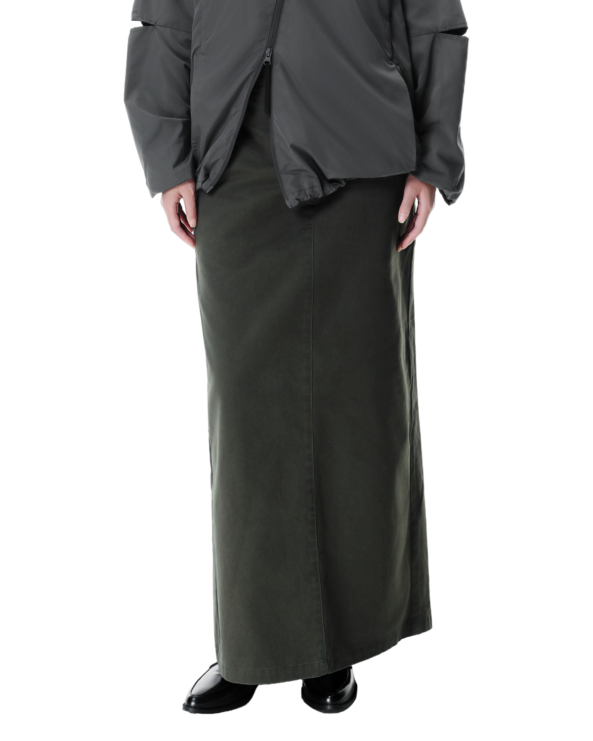 Vea Column Skirt in Washed Olive Khaki, front view on model