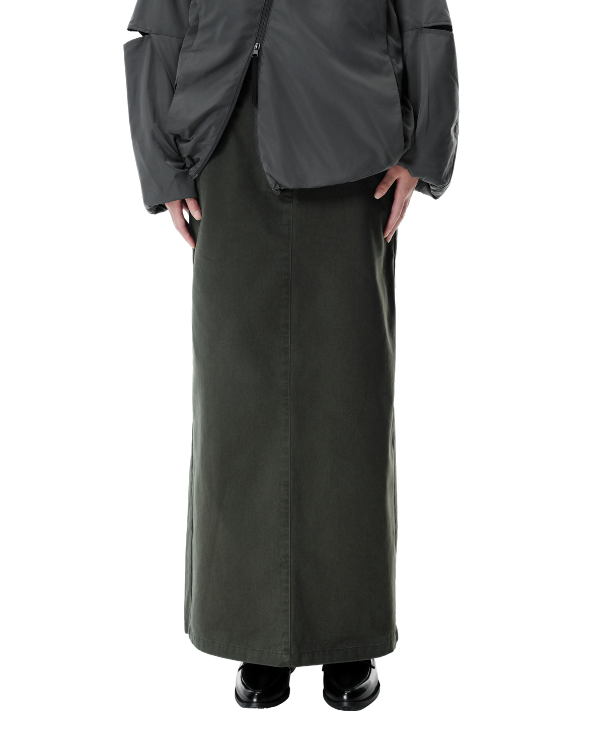 Vea Column Skirt in Washed Olive Khaki, front view on model