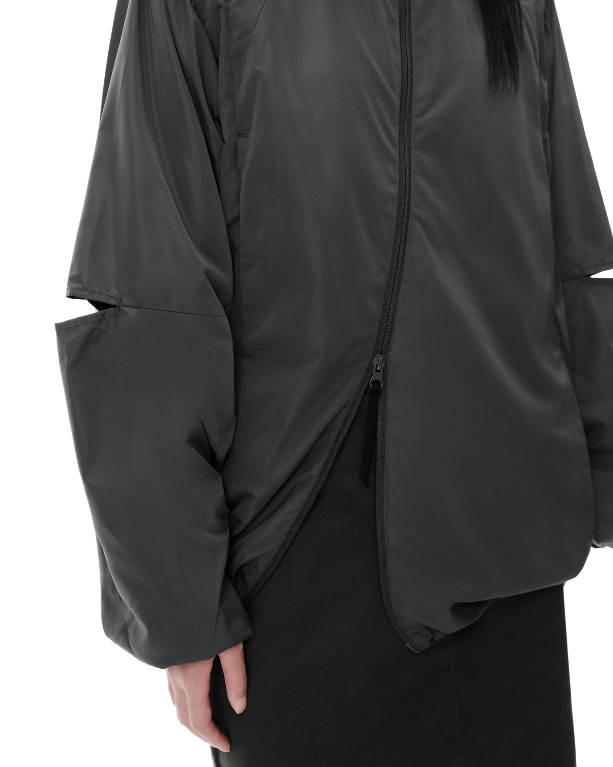 Vex Windbreaker in Grey, detail view on model