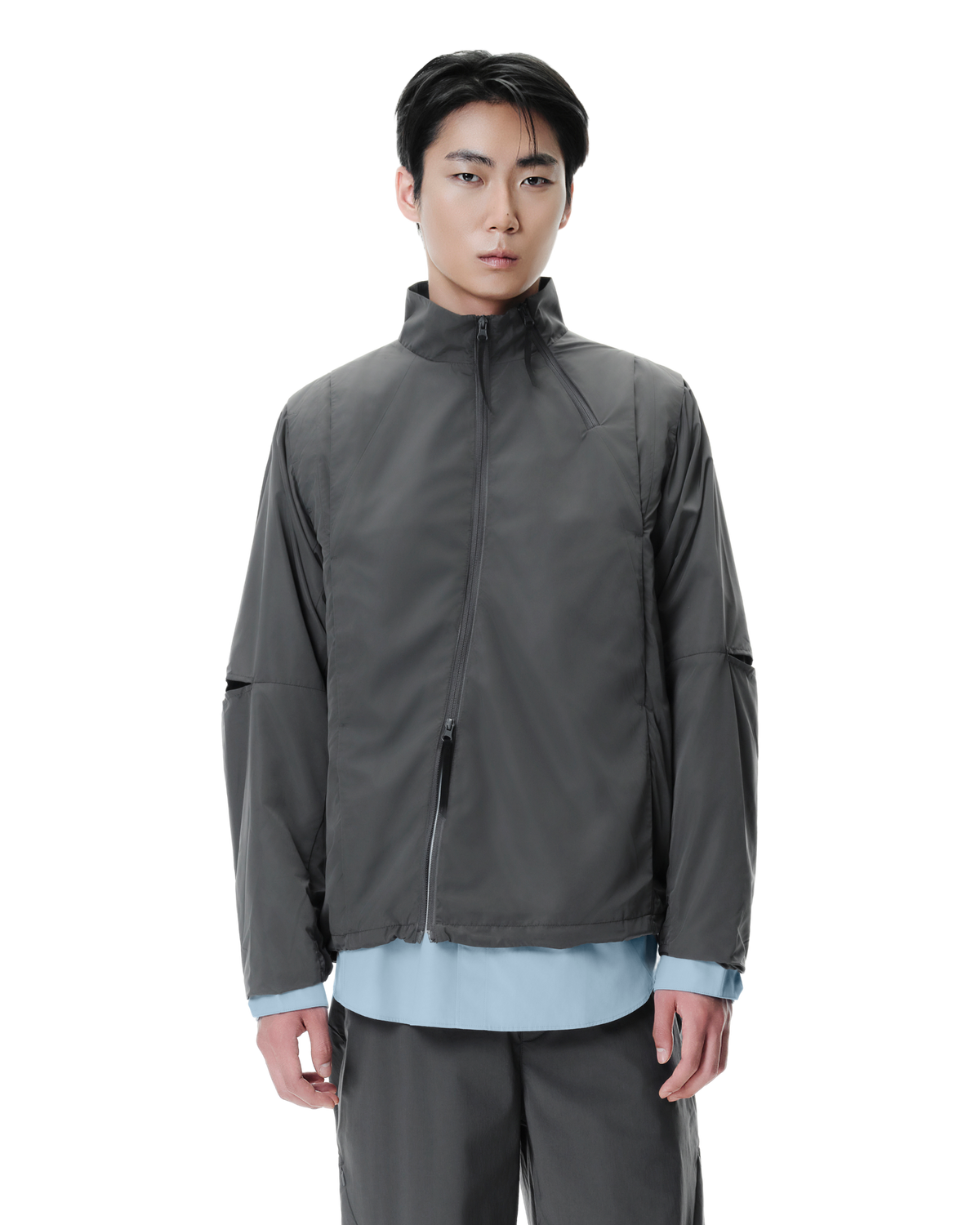Vex Windbreaker in Grey, front view on model