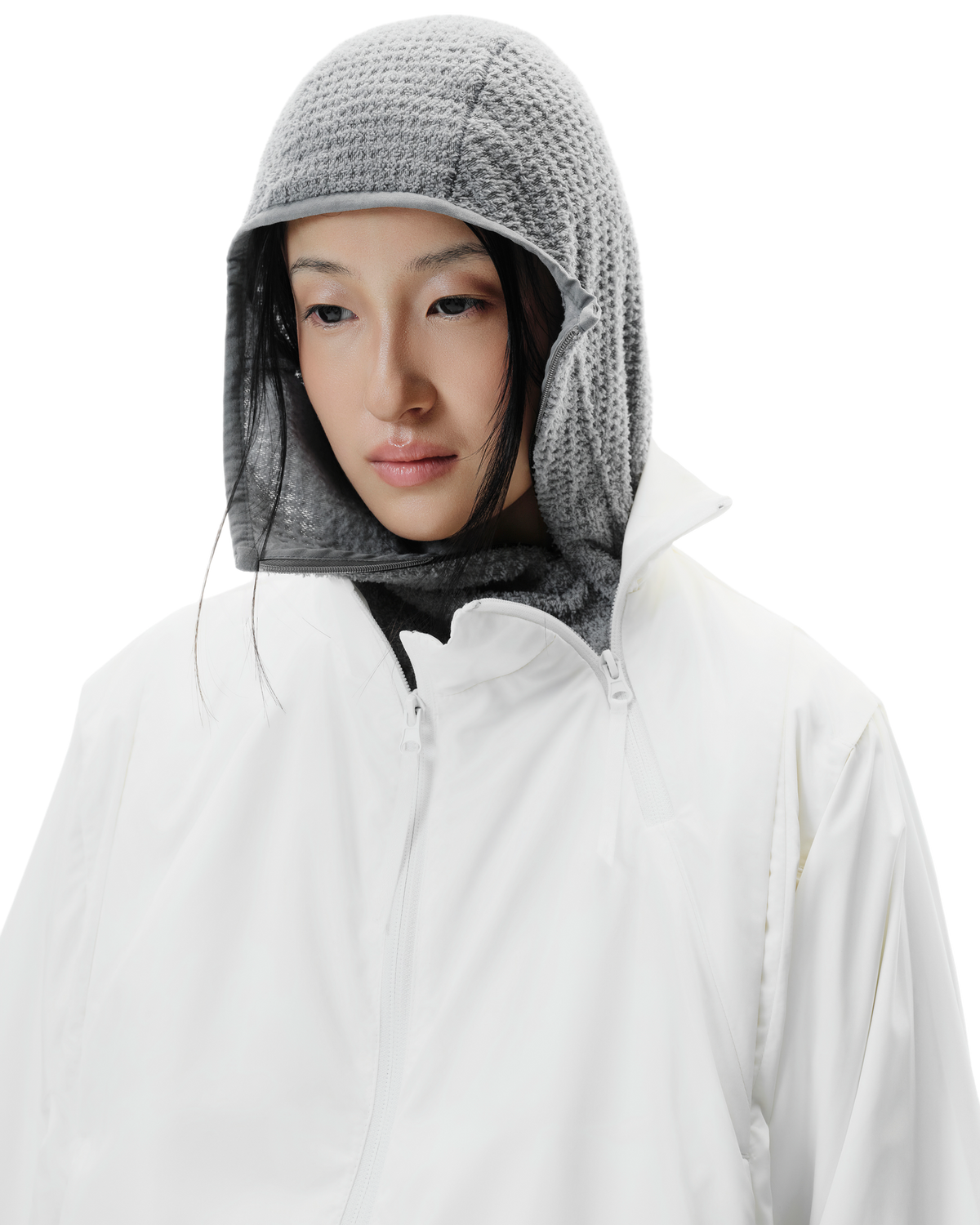 Vex Windbreaker in Ivory, detail view on model