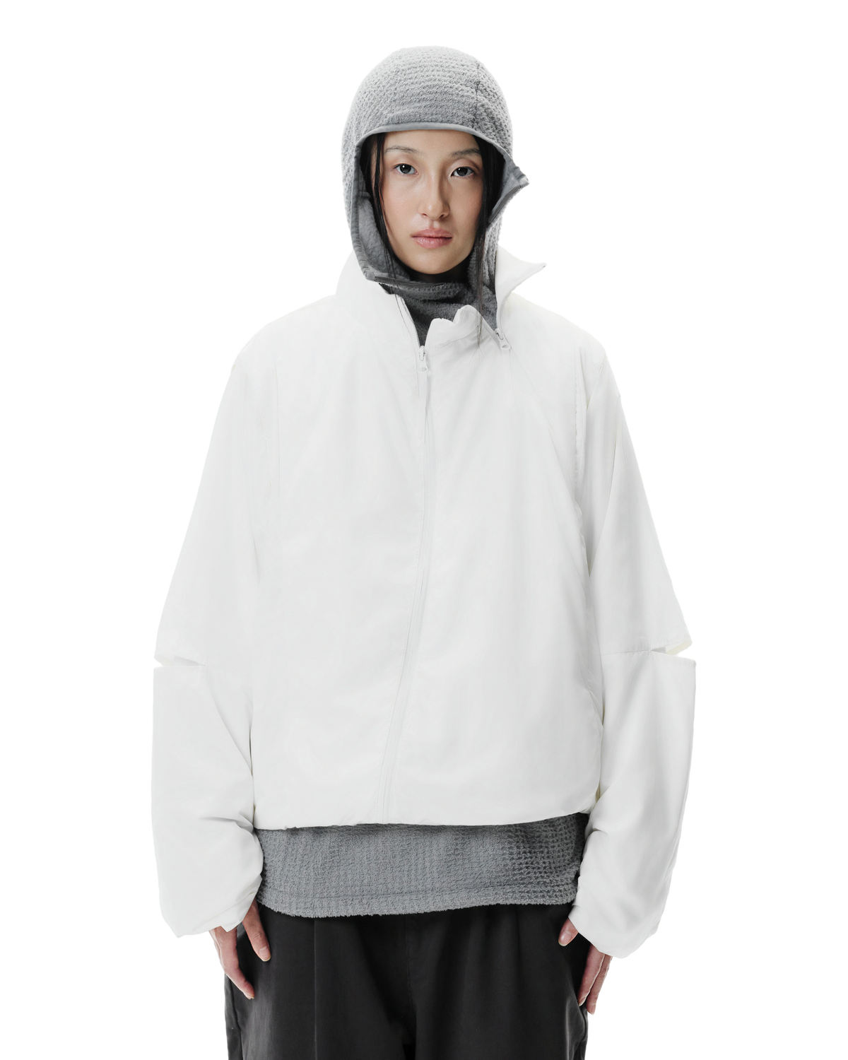 Vex Windbreaker in Ivory, front view on model